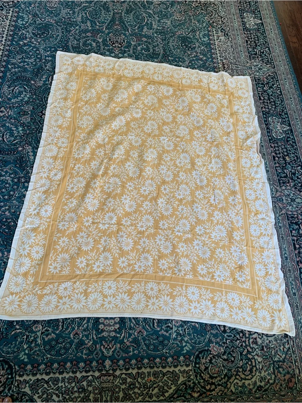 Vintage Yellow Floral Block Print Cotton Tablecloth Throw 55”x47”